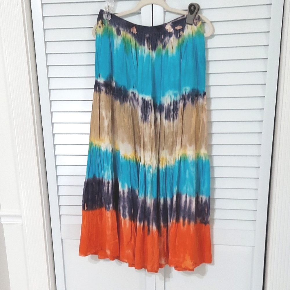 Caddalac Ranch Skirt, Size XL, Colorful Tie-Dye Boho, Tiered,‎ Soft Rayon Fabric